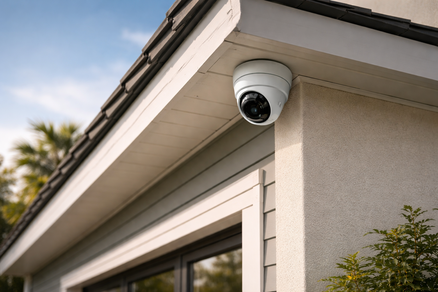 Security camera mounted on home exterior