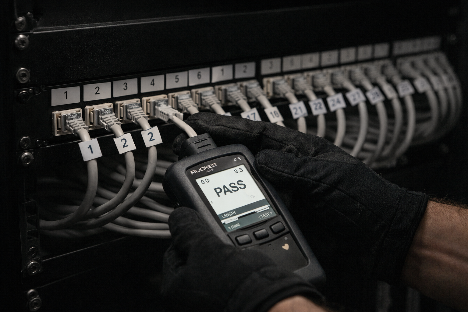 Technician testing and labeling completed installation