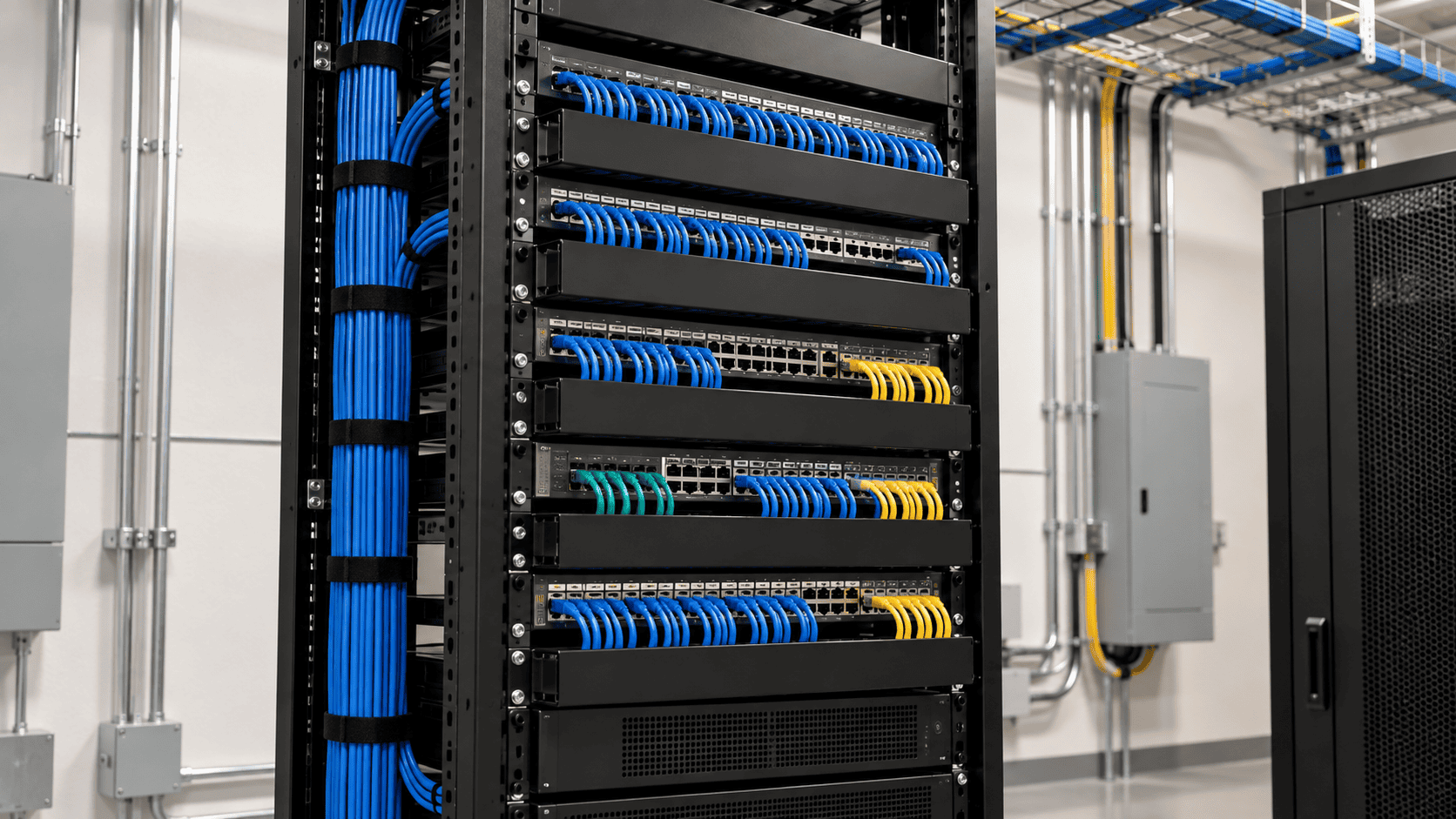 Labeled network patch panel with blue Cat6 ethernet cabling in a rack