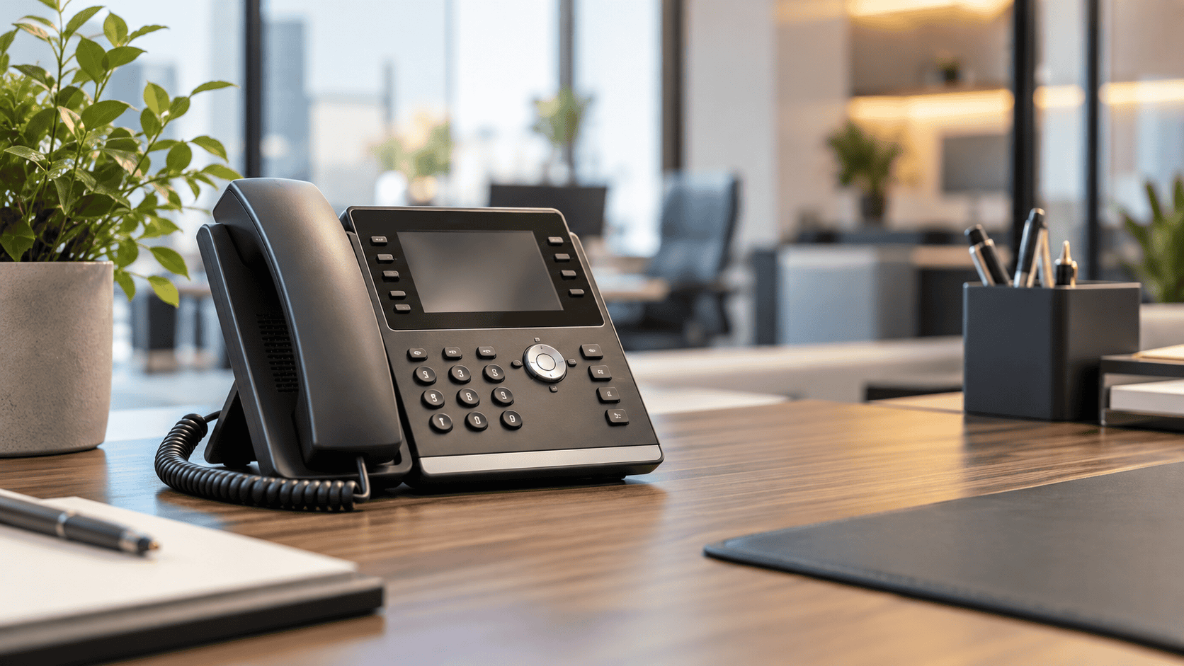 Modern VoIP desk phone on a tidy office desk