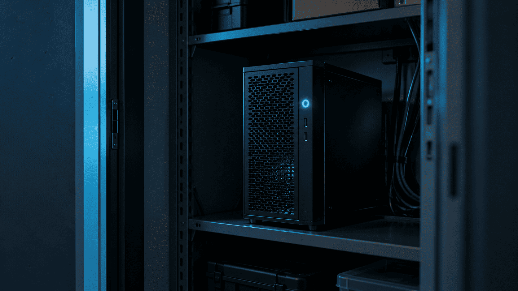 A single small server in a dark closet with one glowing cyan indicator light