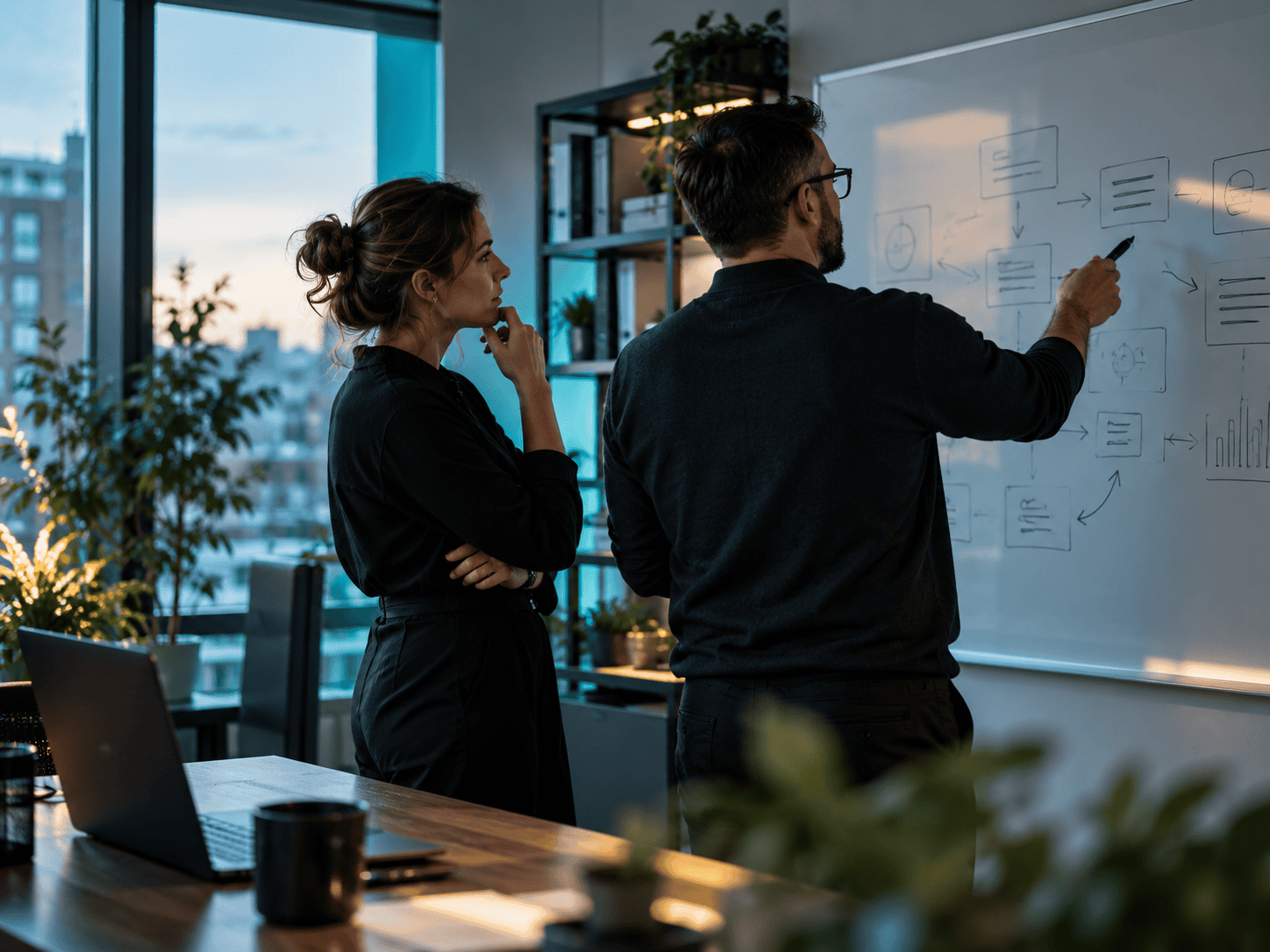A business owner and an advisor planning an IT migration at a whiteboard