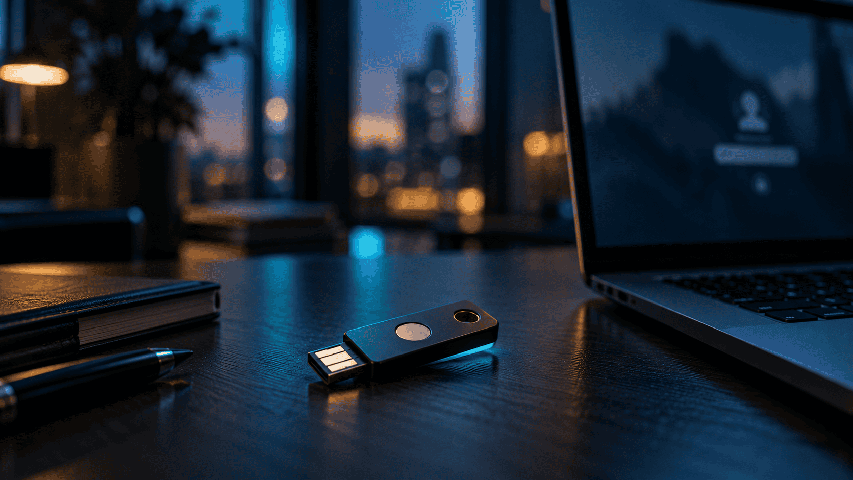 A hardware security key on a dark desk next to a laptop