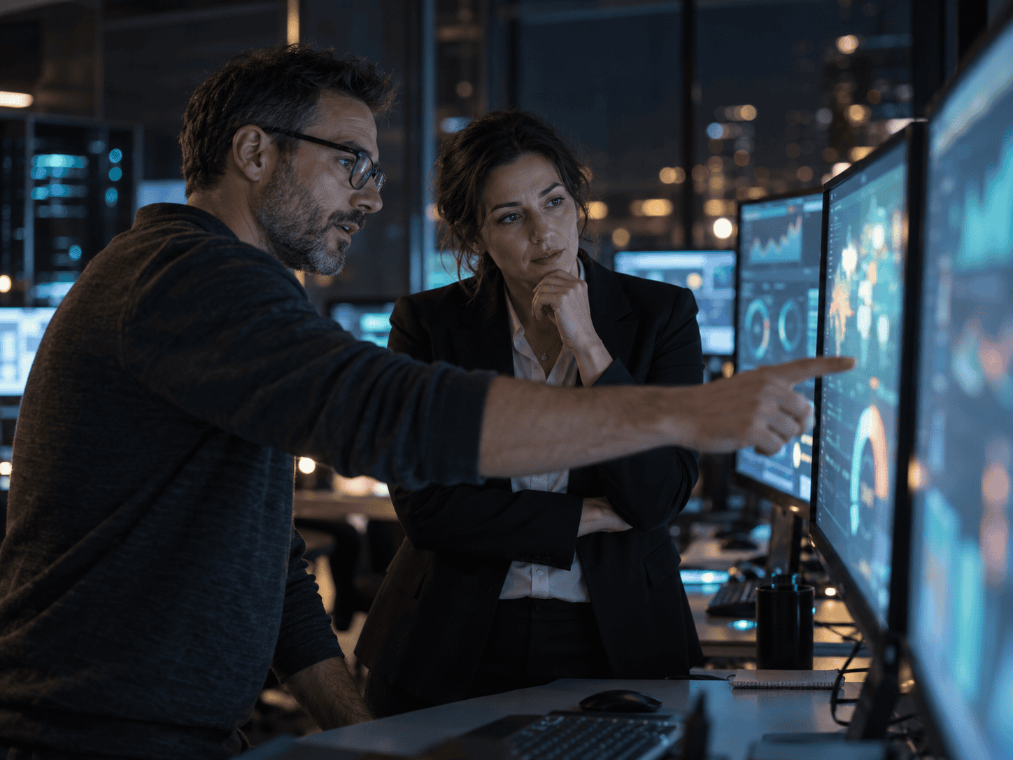 An IT manager and an advisor reviewing security dashboards in a quiet operations room