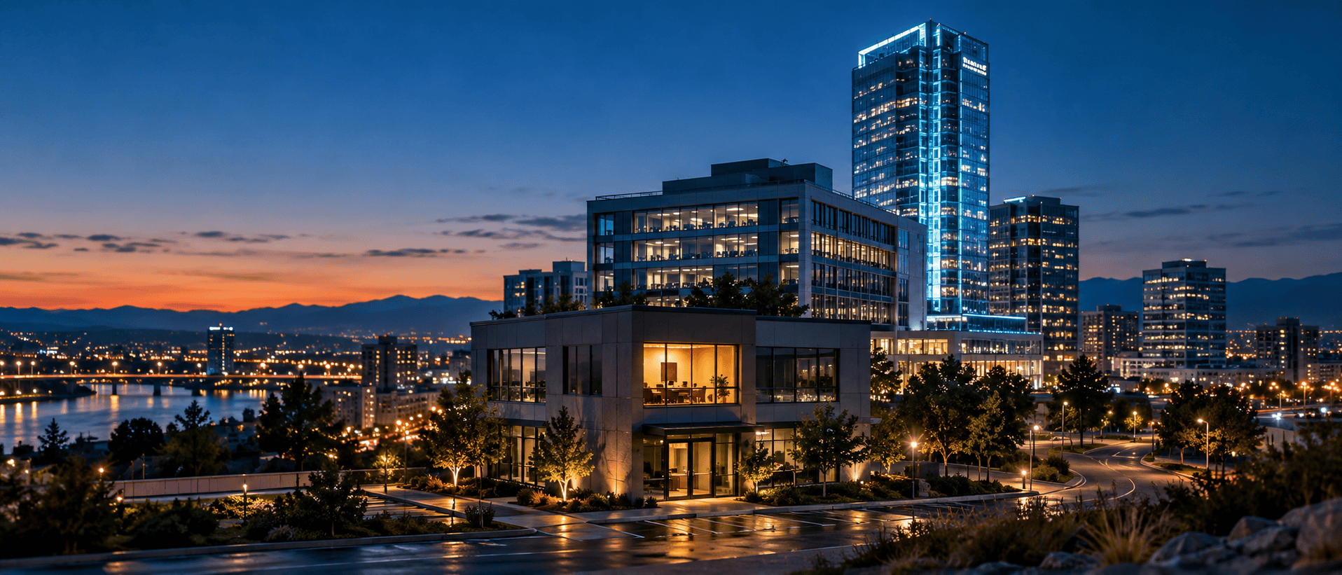 A small lit office in front of a skyline of larger buildings
