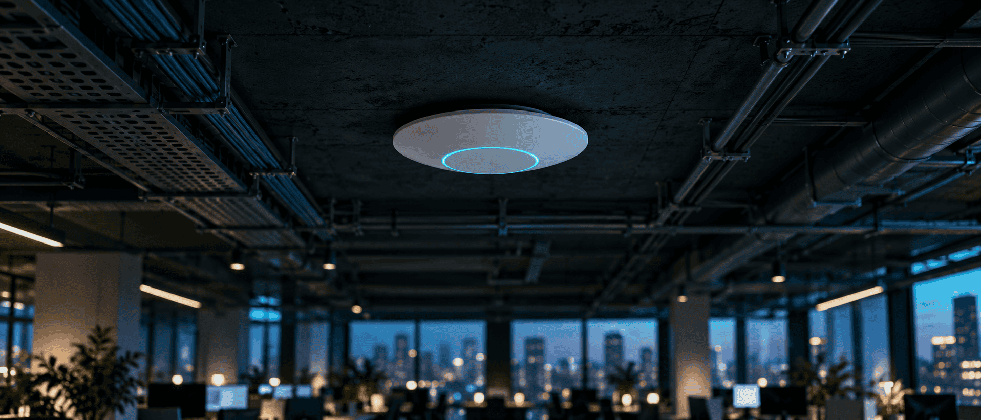 A ceiling-mounted Wi-Fi access point with a soft cyan glow in a modern open office