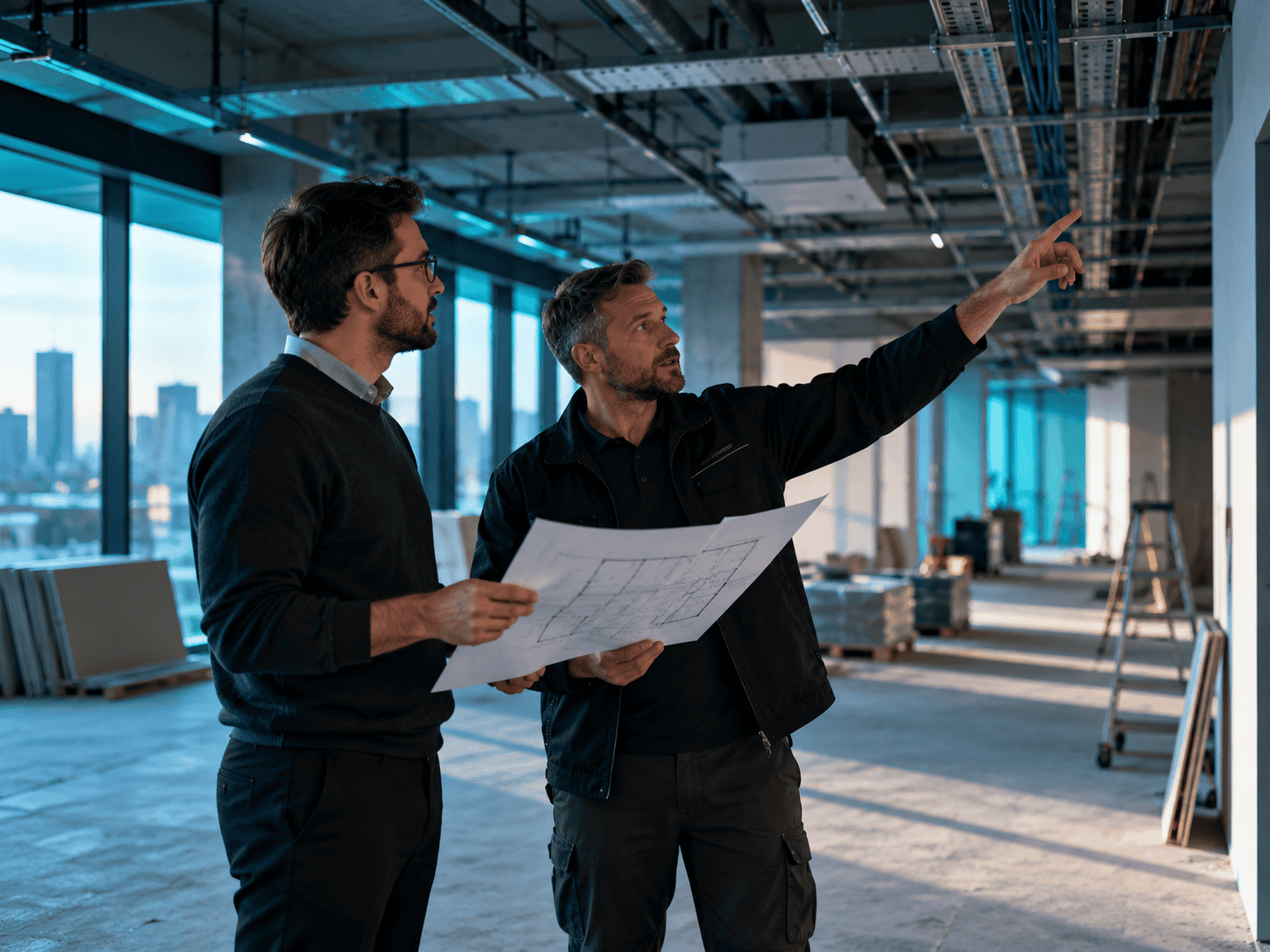 An advisor and a facility lead reviewing a floor plan in a new office build-out