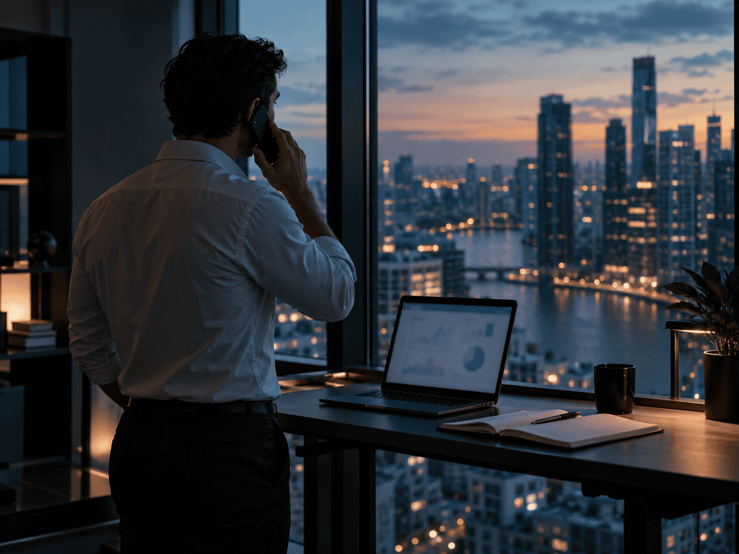 An advisor taking a call at a standing desk in a quiet office