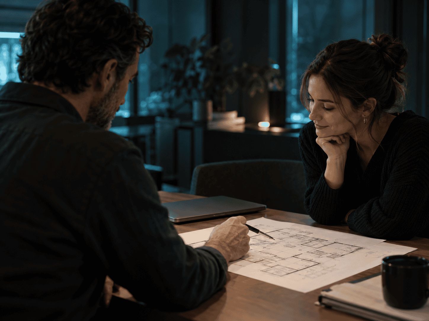 Two people discussing a printed site plan across a table