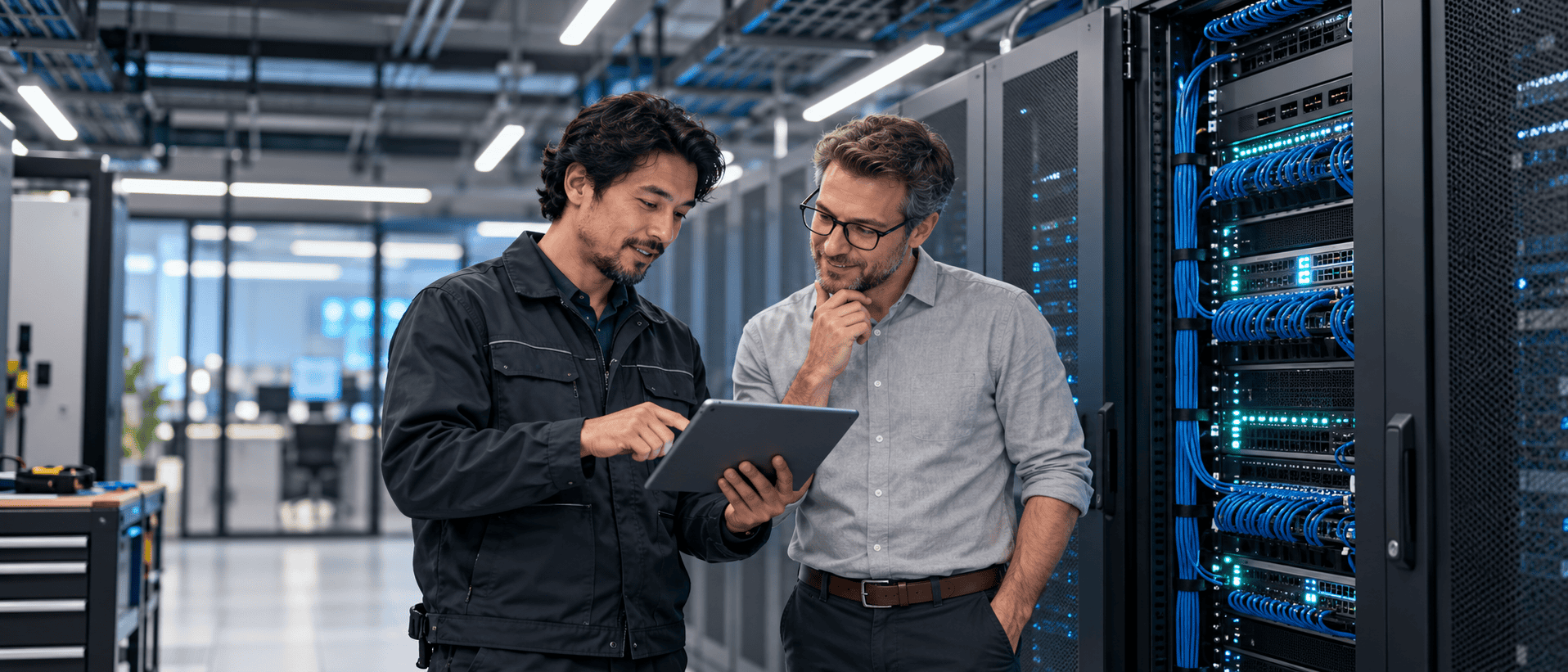 Black Owls technician and a client's IT manager reviewing a plan together at a network rack