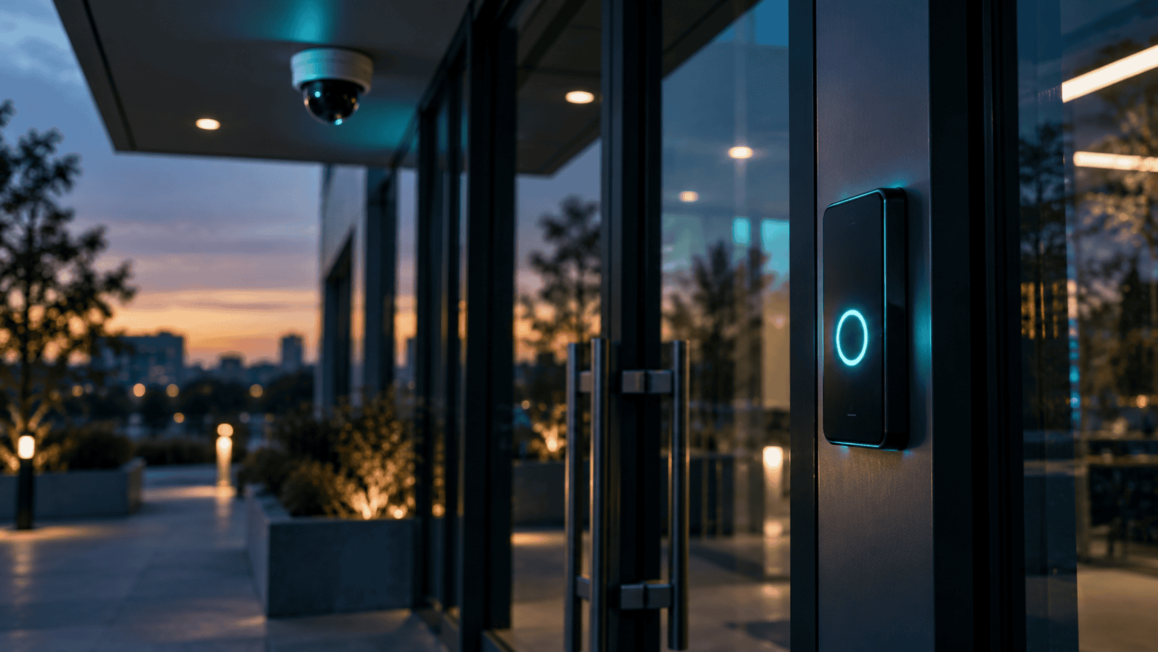 A door access reader with a glowing cyan ring and a security camera in soft focus