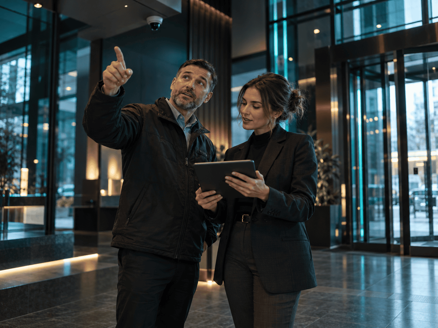 A facility manager and an advisor reviewing a security plan in a building lobby