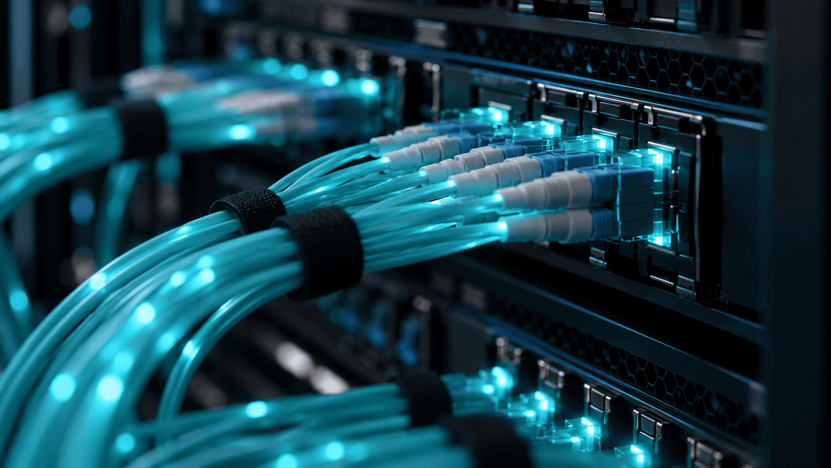 Fiber optic patch cables glowing cyan in a network closet
