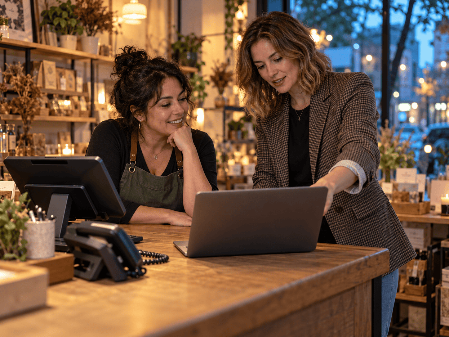 A small-business owner and an advisor reviewing connection options at a shop counter